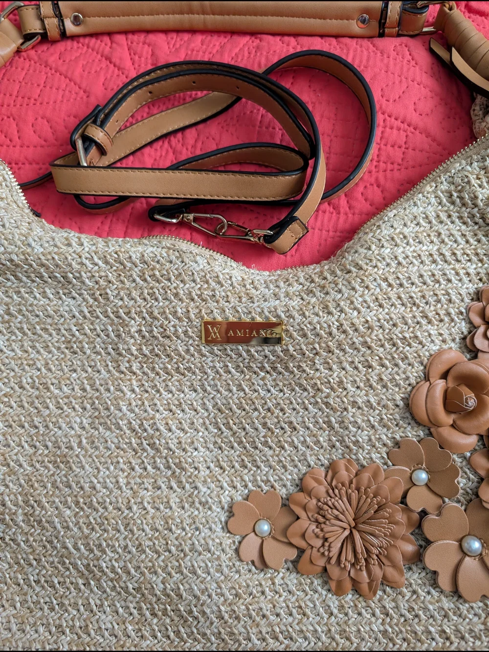 Woven Beige Straw Hobo Bag with Tan Floral Appliqués
